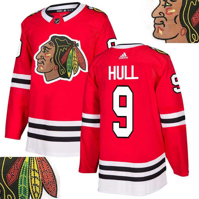 Blackhawks #9 Hull Red With Special Glittery Logo Adidas Jersey